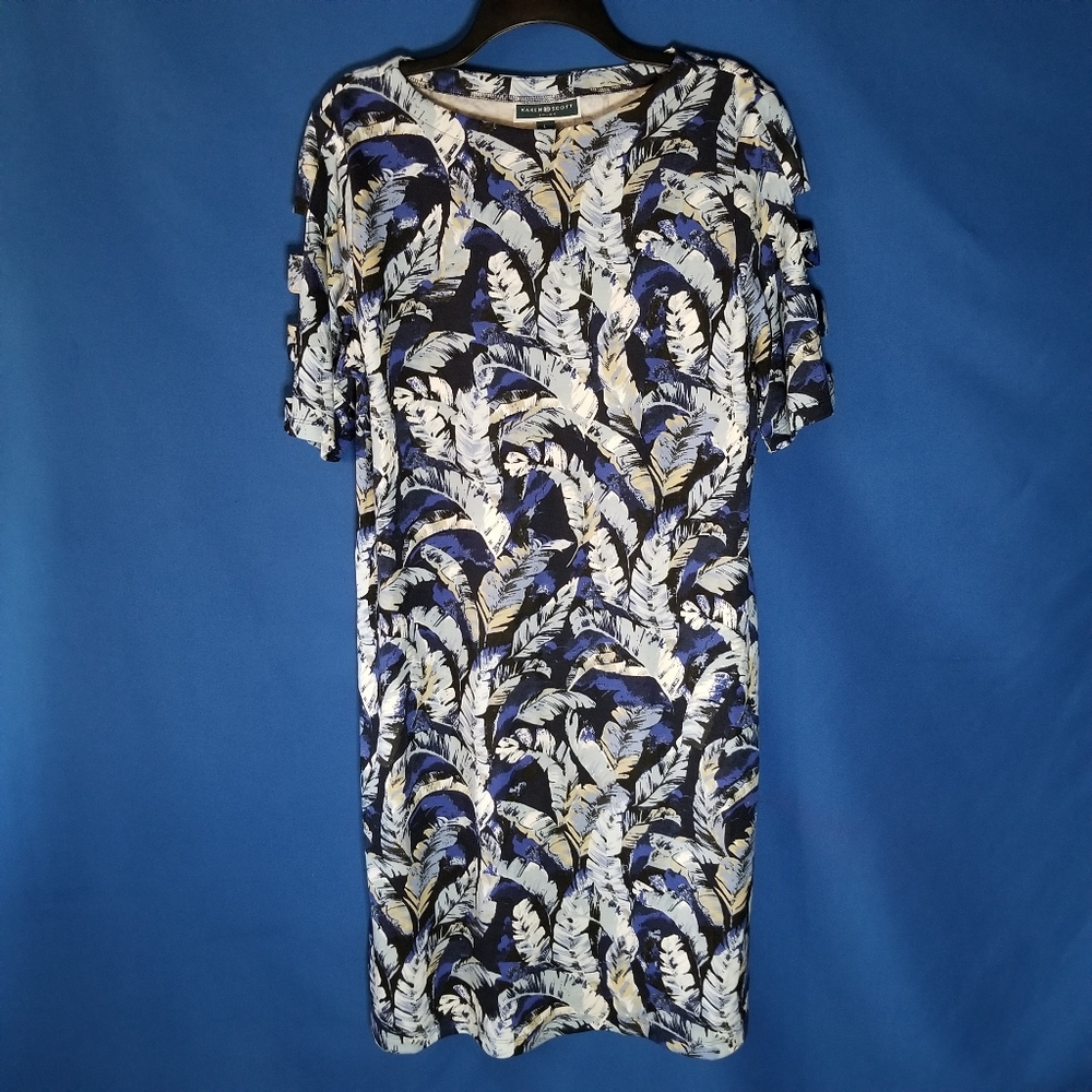 Karen Scott Fantasy Leaves Printed Dress Easy Pullover Styling Boat Neckline